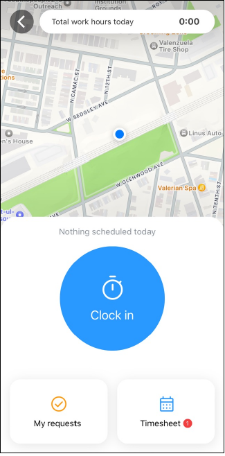 Connecteam map screen with Clock in button