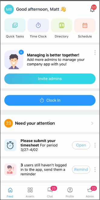 Connecteam home screen with Clock In button