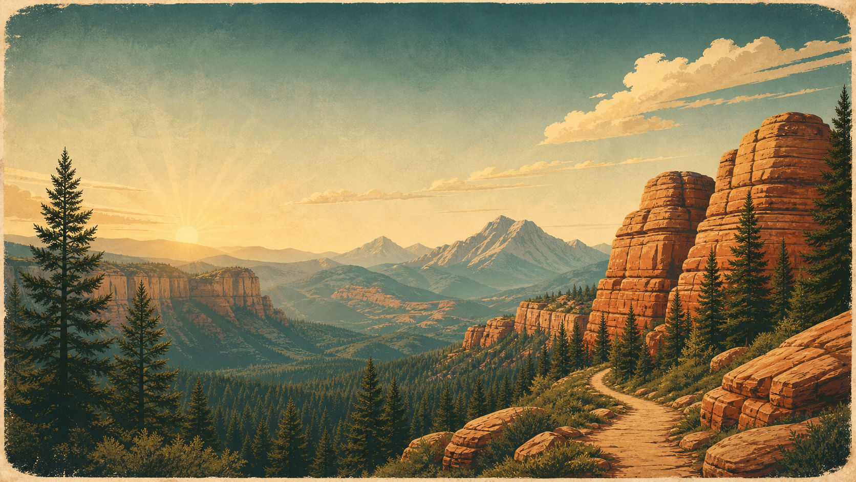 Illustrated national park landscape at sunrise