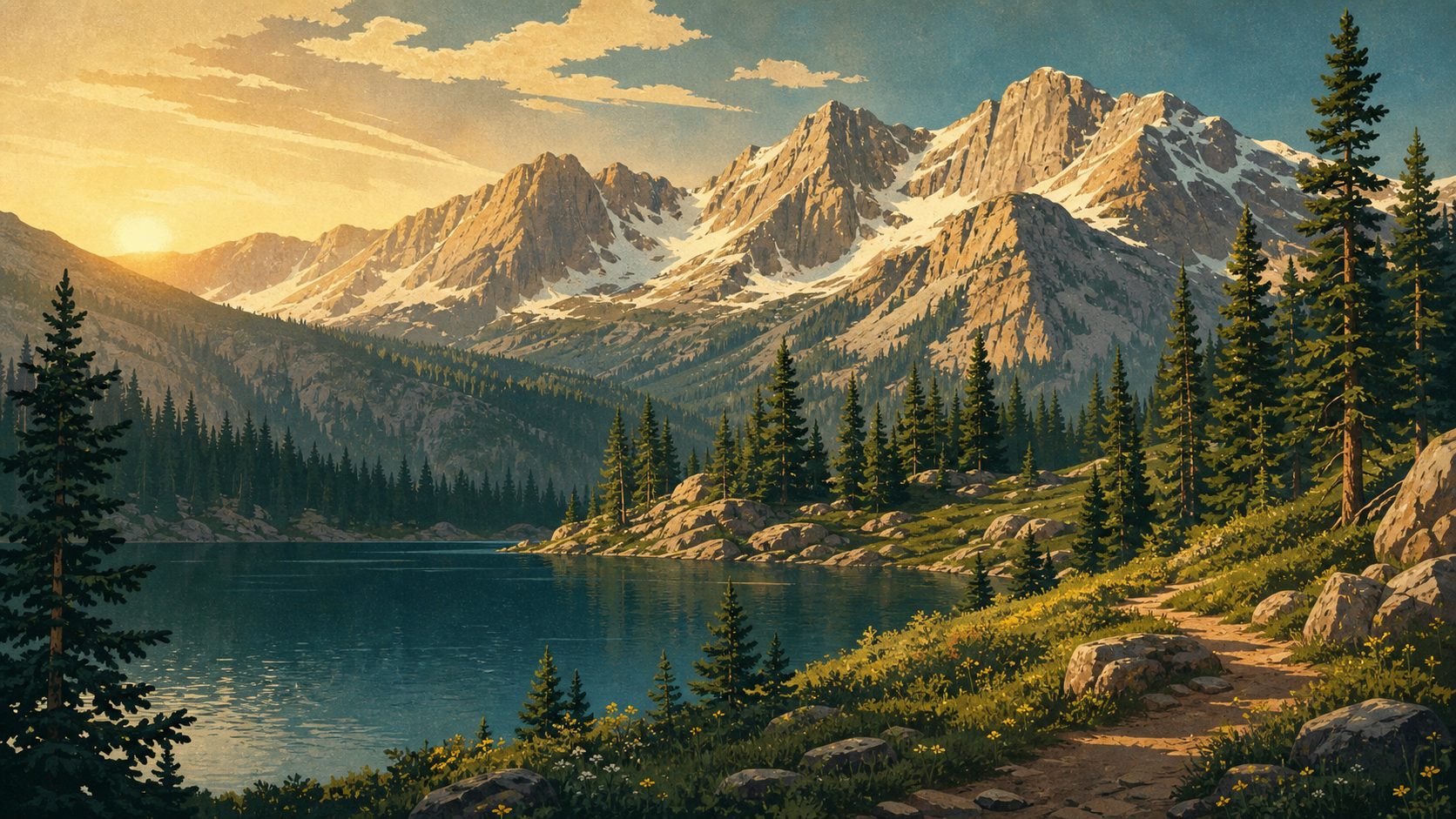 Illustrated Rocky Mountain National Park landscape at sunrise