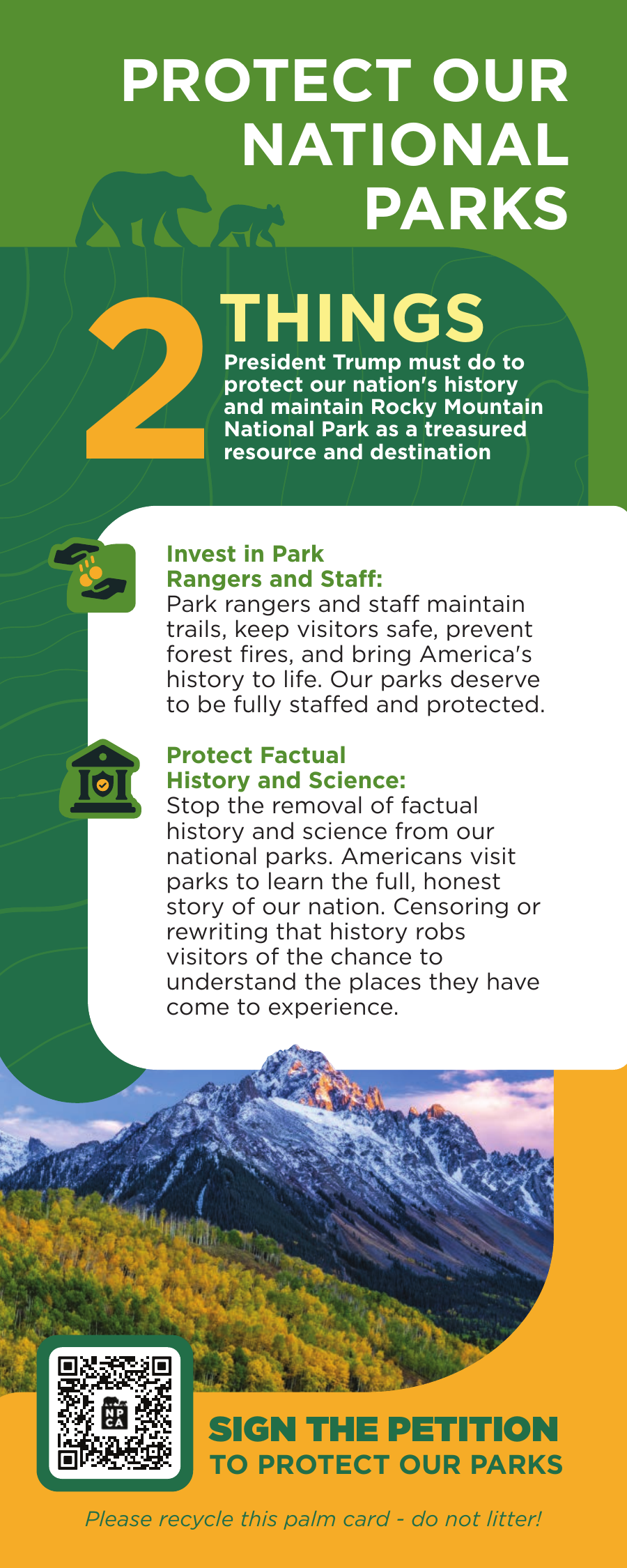 Back of NPCA Rocky Mountain literature with petition QR code and two park protection asks